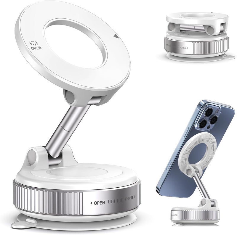 Jikasho Vacuum Magnetic Suction Phone Holder, Foldable and Retractable Hands-Free Suction Cup Phone Mount for Car/Gym/Mirror/Smooth Surface, Compatible with iPhone Android and All Smartphones (White) - Image 1